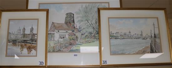 John Lynch Tower Mill at Mark Cross, Kent; Towards Canon Street, London and Sweep of The Thames largest 35 x 50cm